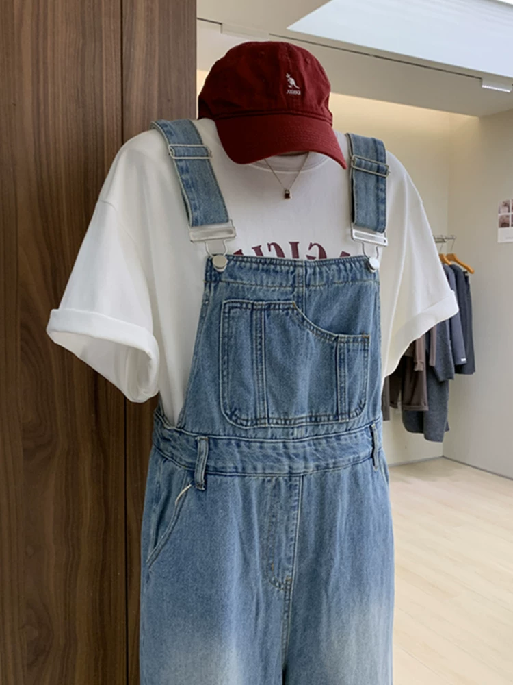 Quần yếm denim màu xanh nhạt cho bé gái, mùa xuân và mùa thu, dáng rộng, quần dài liền thân, quần ống rộng thẳng thường ngày cho trẻ lớn.