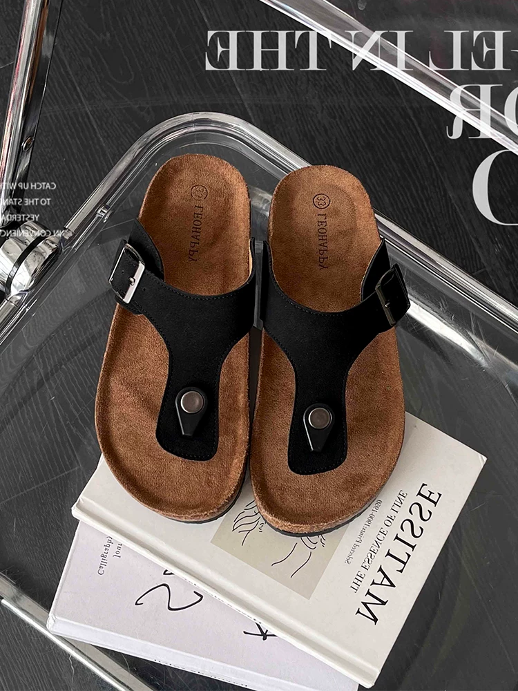 Giày nữ, dép đế bằng bằng nút chai cho trẻ em, dép xỏ ngón, sandal, dép sandal thời trang đế mềm bằng da thật cho bé trai, kiểu dáng hợp thời trang