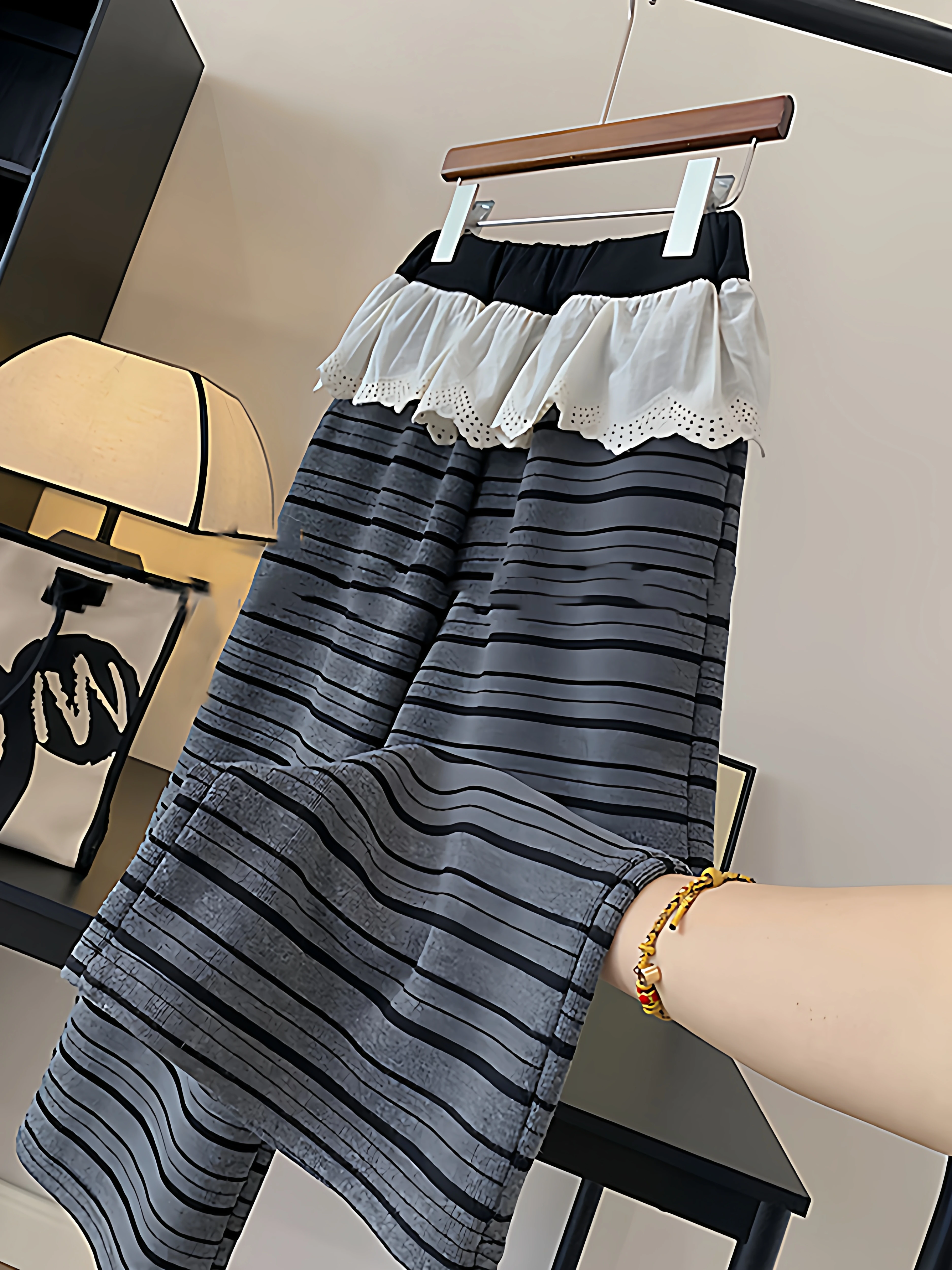 Quần ống rộng xếp ly viền ren sọc cho bé gái, quần dài lưng cao kiểu dáng đơn giản mùa thu mới dành cho trẻ lớn, quần dài.