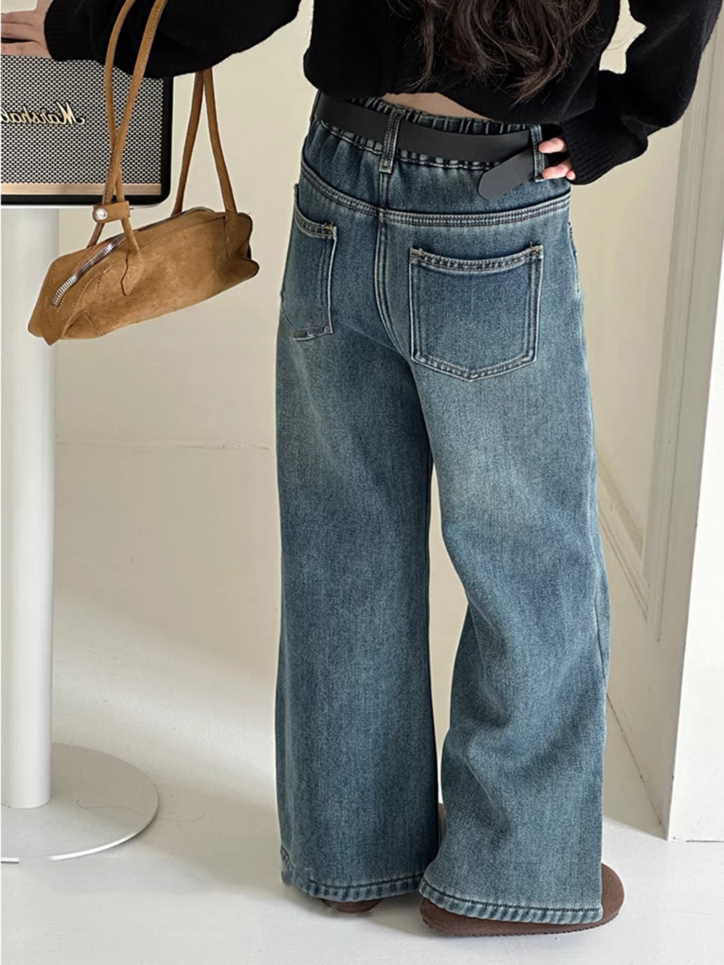 Quần jean lót lông cừu cho bé gái, quần ống thẳng ôm dáng, trang phục mùa đông cho trẻ lớn, quần ống loe dày đa năng, quần ống rộng nhỏ nhắn.