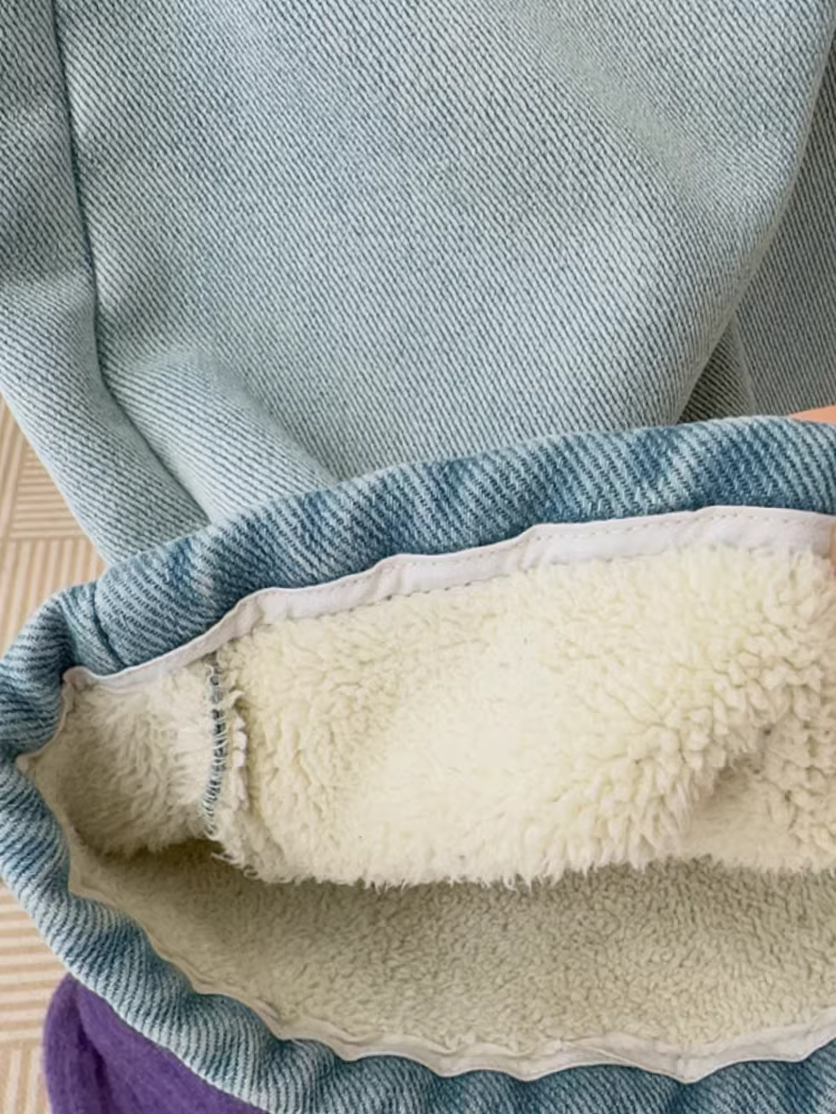 Quần áo trẻ em Hàn Quốc mùa đông 2025 kiểu mới, quần jean dày bằng len alpaca cho bé gái lớn, quần ống rộng suông