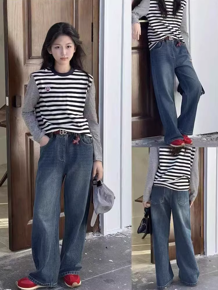 25 kiểu quần jean mùa thu mới dành cho bé trai và bé gái, quần ống rộng dáng thẳng cho trẻ lớn, quần ống rộng đa năng, phong cách thường ngày dành cho người nhỏ nhắn.