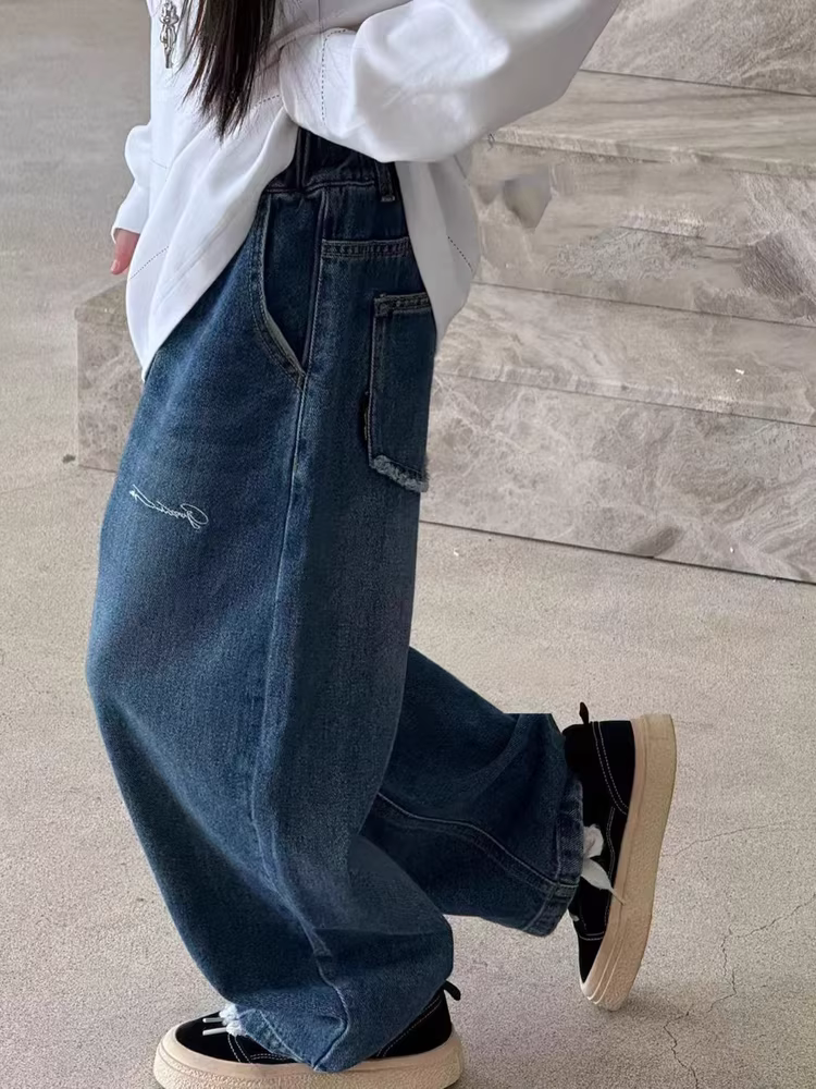 Quần jean ống thẳng cho bé gái, quần áo trẻ em, quần dài rộng ống rộng phong cách thường ngày cho bé trai, quần cargo đa năng thời trang