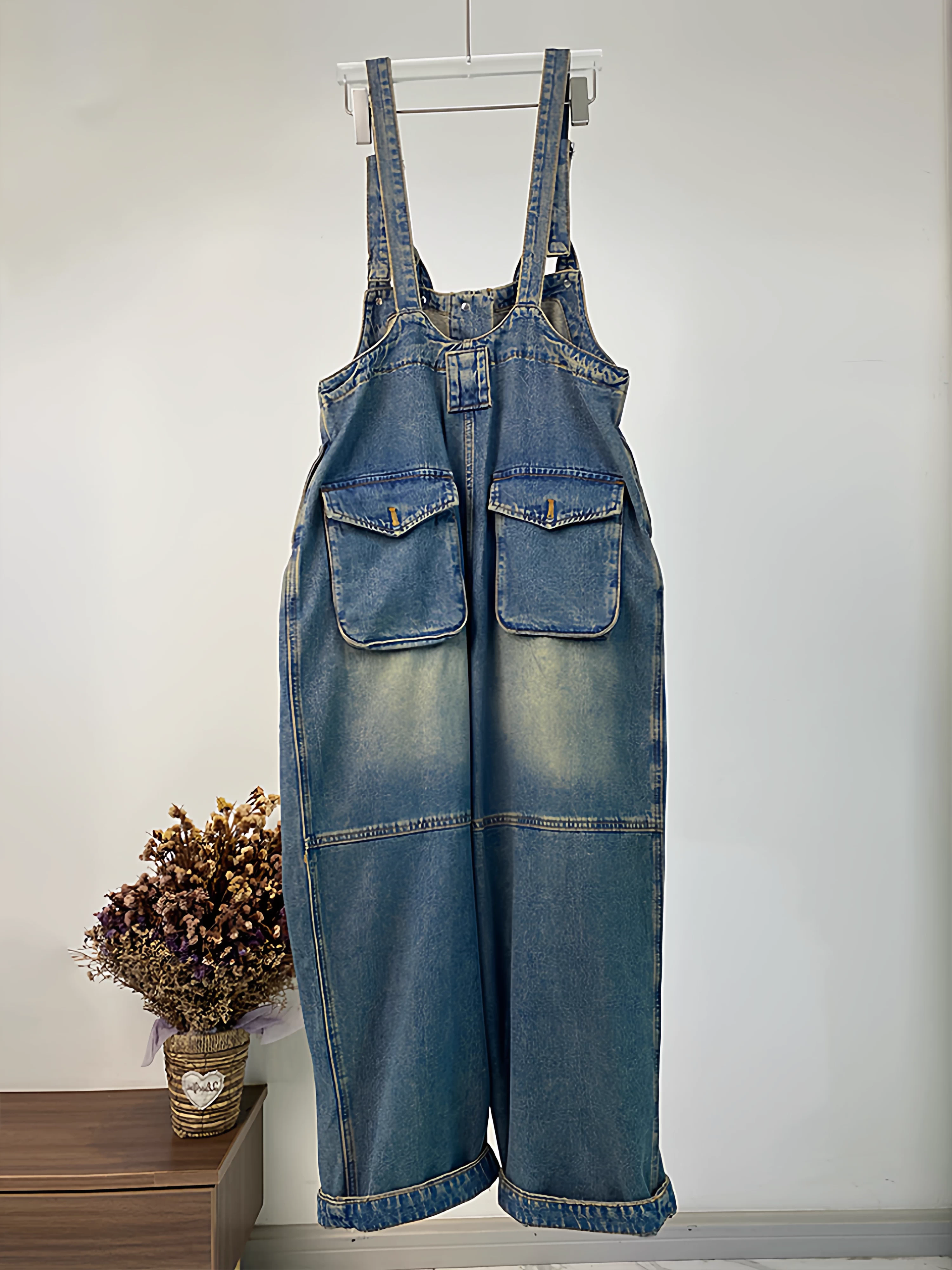 Quần yếm denim bé gái xuân thu 2025 kiểu dáng mới thời trang, bộ liền thân rộng ống rộng cho trẻ lớn