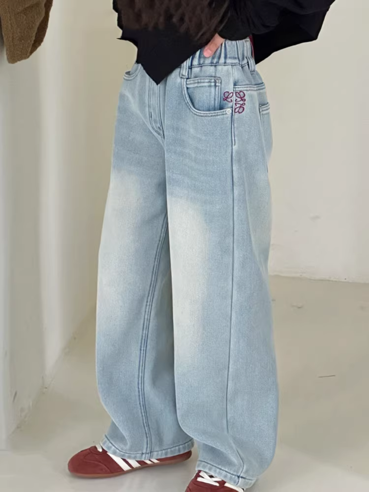 Quần jean ống thẳng lót lông cừu dành cho bé gái, lông cừu mềm mại tích hợp, dáng rộng, kiểu dáng thu đông cho trẻ em cỡ vừa và lớn, quần ống rộng hẹp, hợp thời trang.