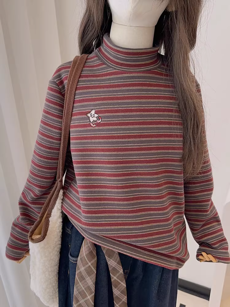 Áo sơ mi có cổ cao nửa cổ lót lông cừu cho bé trai và bé gái Áo sơ mi có cổ cao nửa cổ lót lông cừu ấm áp hoạt hình quần áo trẻ em Áo len mùa đông dáng rộng giản dị hợp thời trang