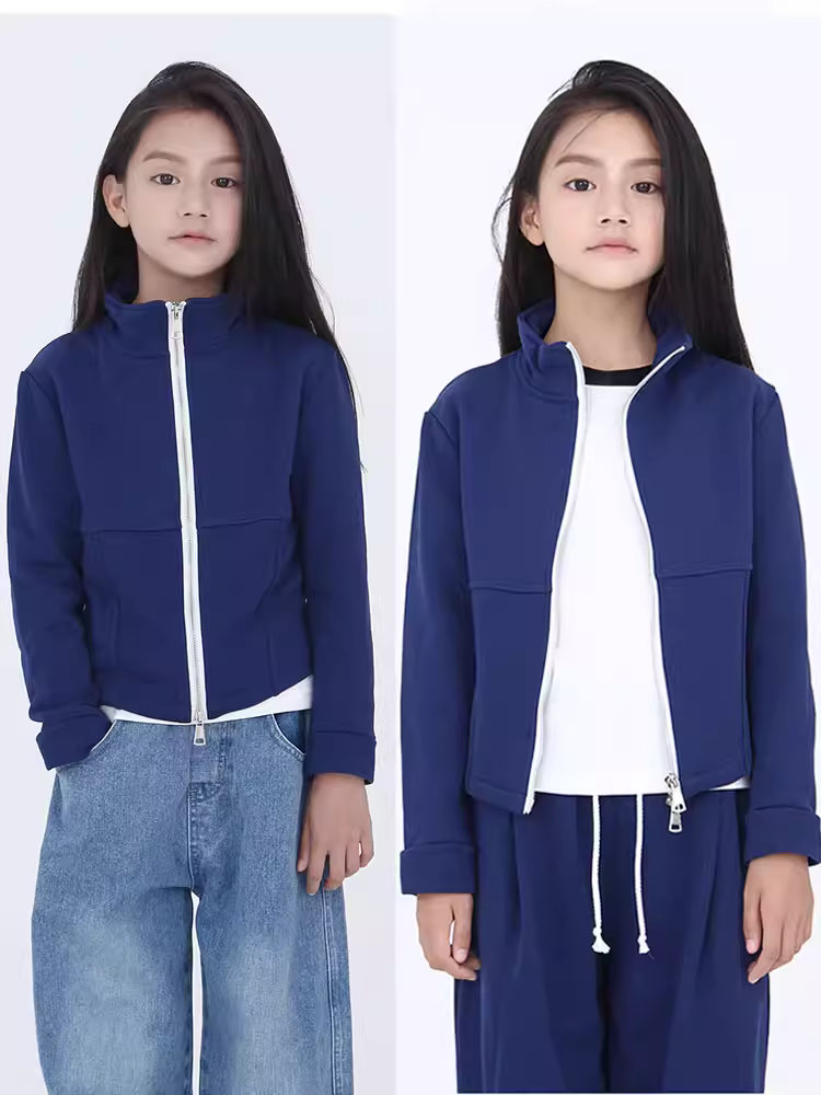 Áo khoác thể thao có khóa kéo đôi màu xanh hải quân dành cho bé gái 2025 áo khoác thường ngày kiểu mới mùa xuân thu dành cho trẻ lớn hơn Áo thể thao trẻ em