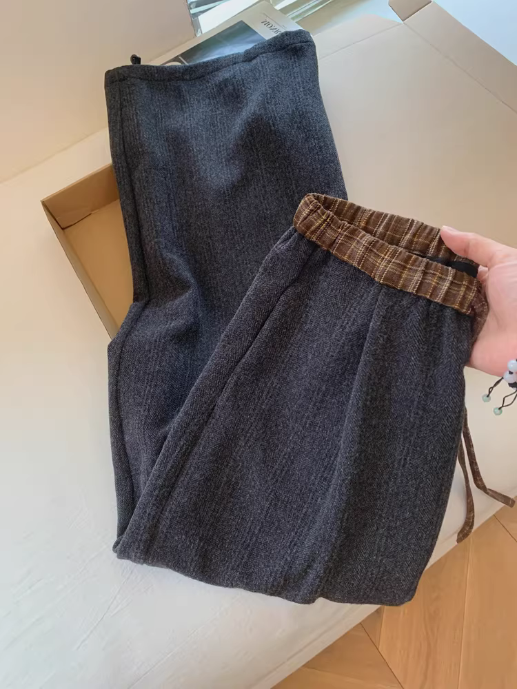 Quần dài ống rộng lưng thun màu xám, kiểu dáng thoải mái, chất liệu nỉ lót lông, phong cách năng động, dành cho nữ, mùa thu đông, quần dài nữ, quần trẻ em.