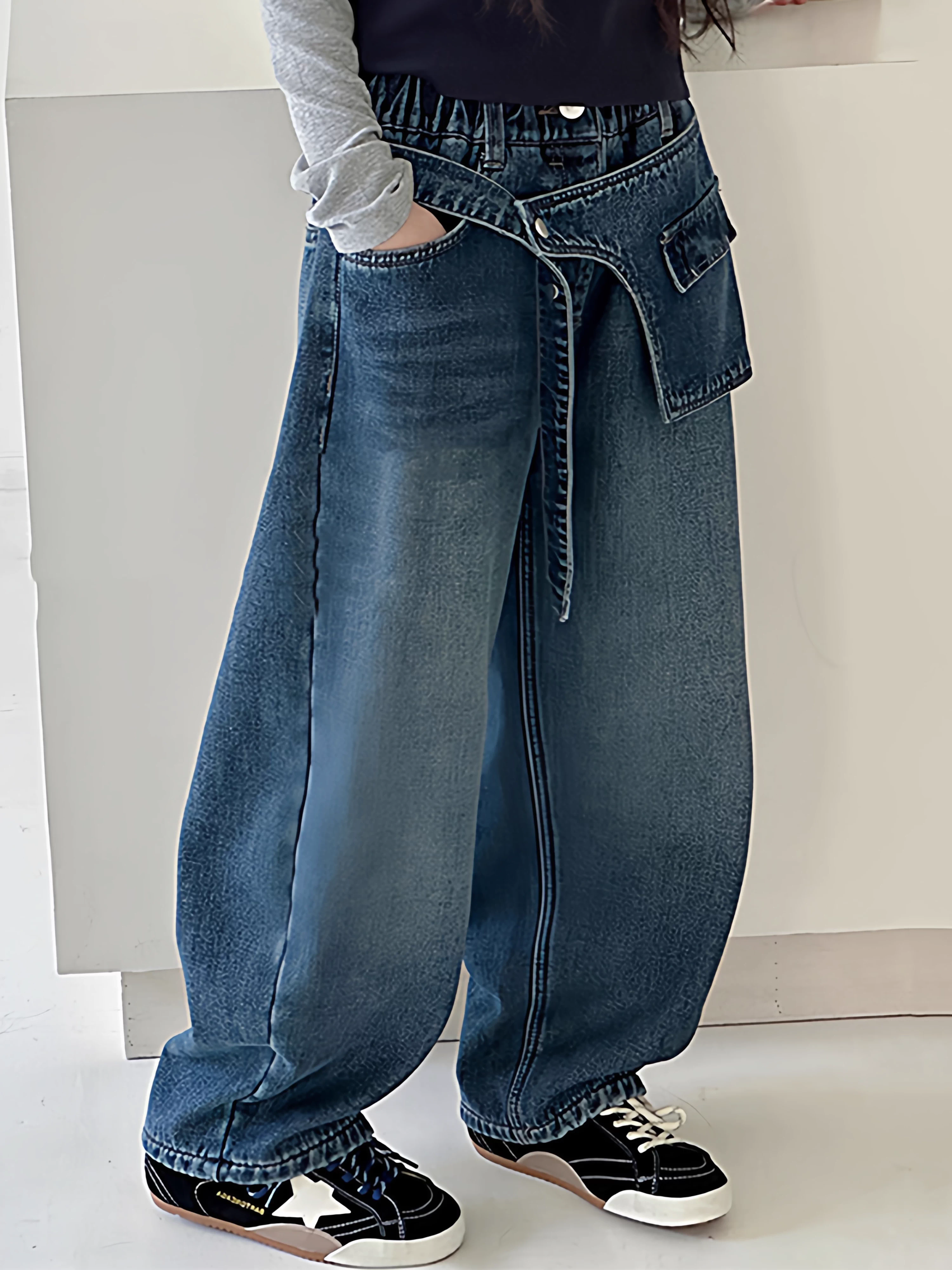 Quần denim dày lót lông cừu cho bé gái mùa đông kiểu dáng mới quần ống rộng dáng rộng thời trang cho trẻ lớn quần scimitar