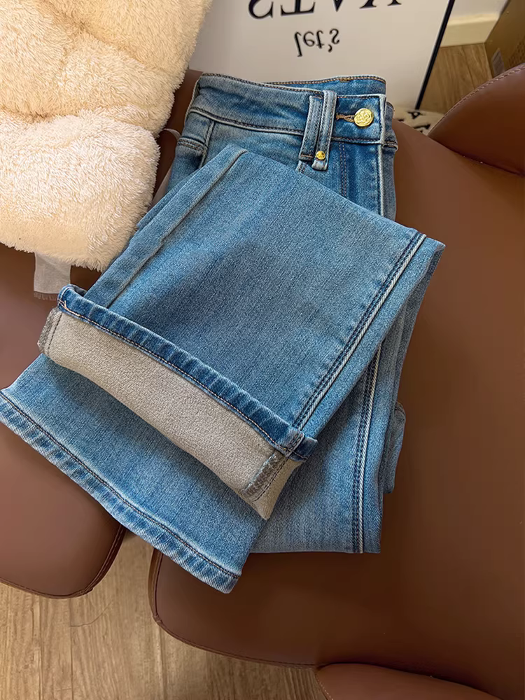 Quần jean loe nữ mùa thu đông 2025 kiểu mới, chất liệu thun co giãn, kiểu dáng retro, ống chuông, chất liệu nhung, tôn dáng, quần dài dành cho bé gái