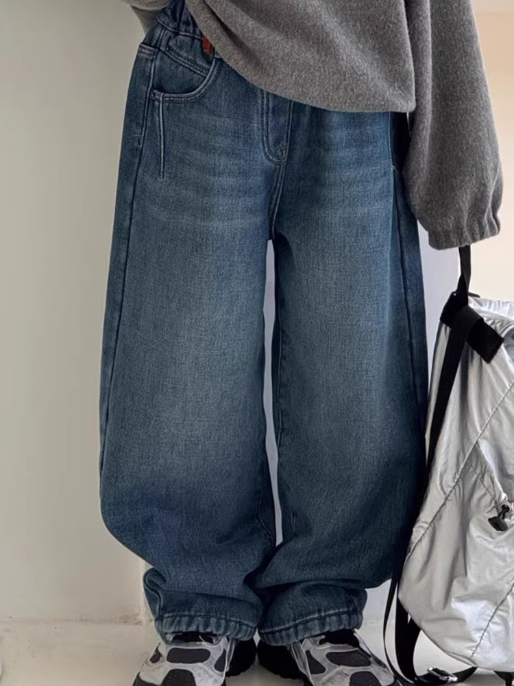 Quần jean lót lông đa năng cho bé trai mùa đông 2025 kiểu Hàn Quốc, quần ống rộng cho trẻ lớn hơn, quần ống rộng cho bé gái