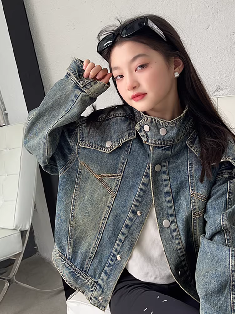 Áo khoác denim phong cách retro Hồng Kông cho mẹ và bé gái, mẫu mới xuân 2025, áo khoác ngắn tay dài thời trang trẻ em