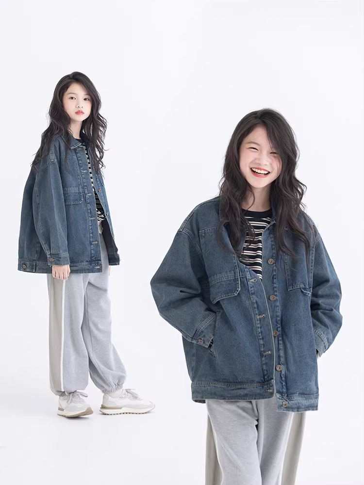 Áo khoác trẻ em xuân 2025, quần áo trẻ em cho bé trai và bé gái, kiểu denim cũ xước, phong cách thường ngày, đa năng, có ve áo, dành cho trẻ lớn hơn