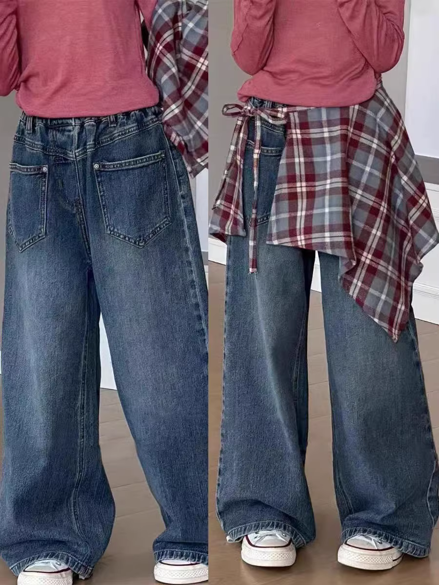 Quần jean ống đứng có chân váy cho bé gái, quần thường ngày mùa thu cho trẻ em, quần dài ống rộng, dáng rộng, đa năng, giúp thon gọn và tăng chiều cao.