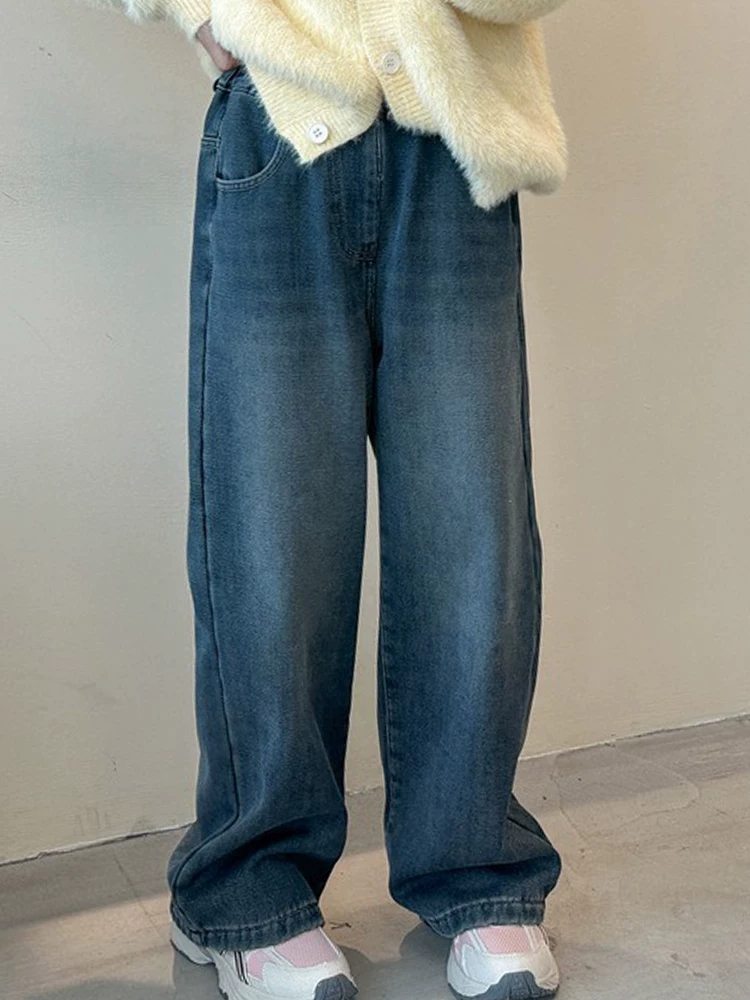 Quần jeans dày lót lông cừu cho bé gái, kiểu dáng mới thu đông 2025, quần ống rộng suông rộng rãi dành cho trẻ lớn