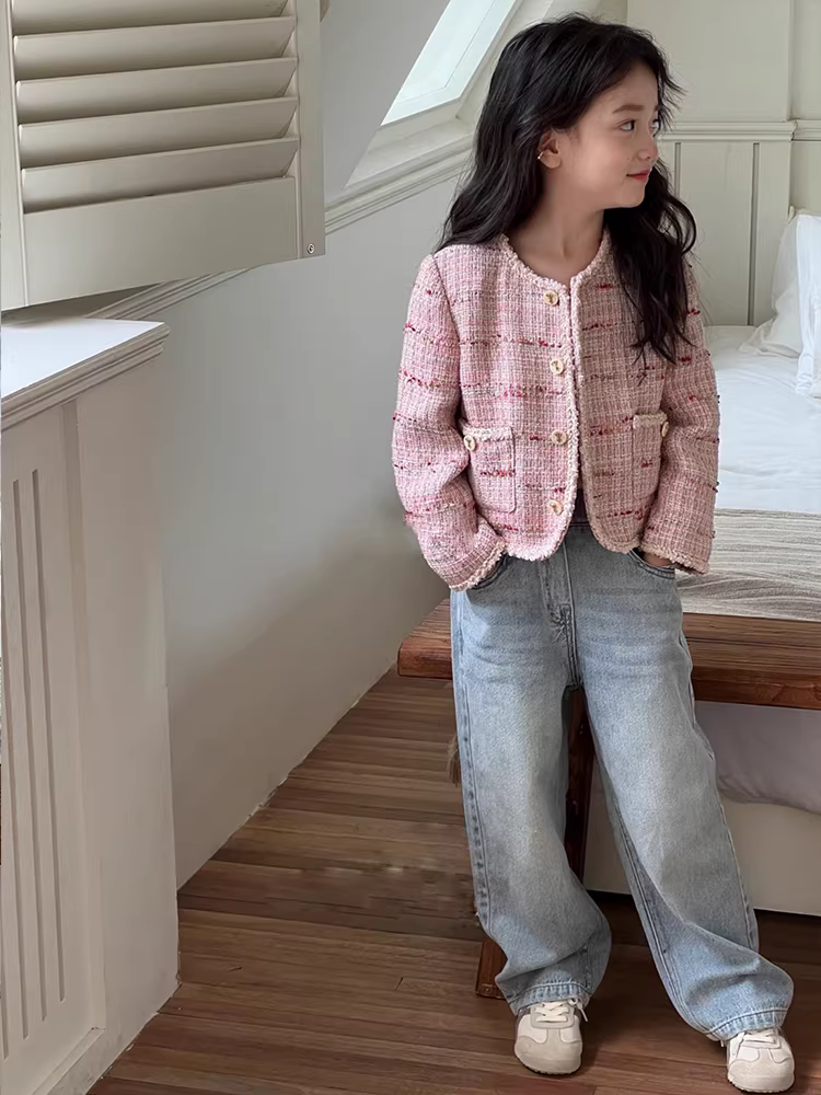 Quần áo bé gái Hàn Quốc xuân thu 2025, áo kiểu thời thượng trẻ em, áo khoác phong cách Chanel dễ thương cho trẻ lớn, trang phục mẹ và bé