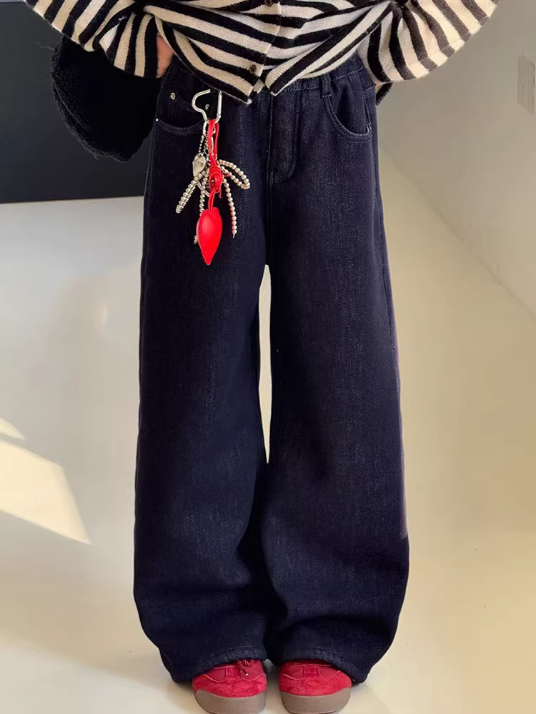 Quần jean ống thẳng dày dặn lót lông cừu cho bé gái, quần dài ống rộng dáng rộng mùa đông, quần dài đa năng, phong cách tích hợp lông cừu, hợp thời trang