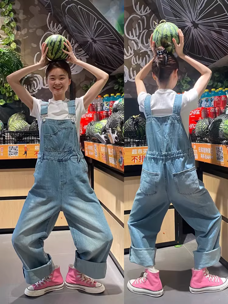 Quần yếm denim xanh mùa xuân thu 2025, quần ống đứng lưng cao mùa hè cho bé gái lớn, quần rộng ống rộng một mảnh