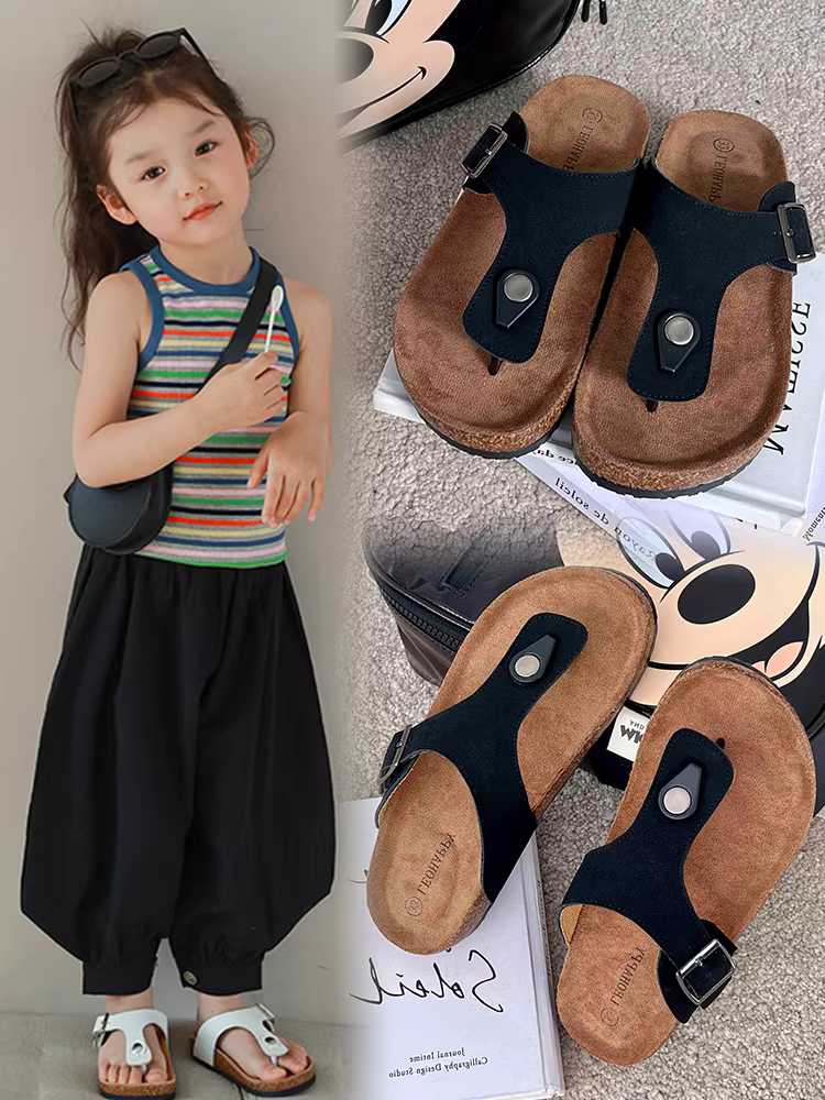 Giày nữ, dép đế bằng bằng nút chai cho trẻ em, dép xỏ ngón, sandal, dép sandal thời trang đế mềm bằng da thật cho bé trai, kiểu dáng hợp thời trang