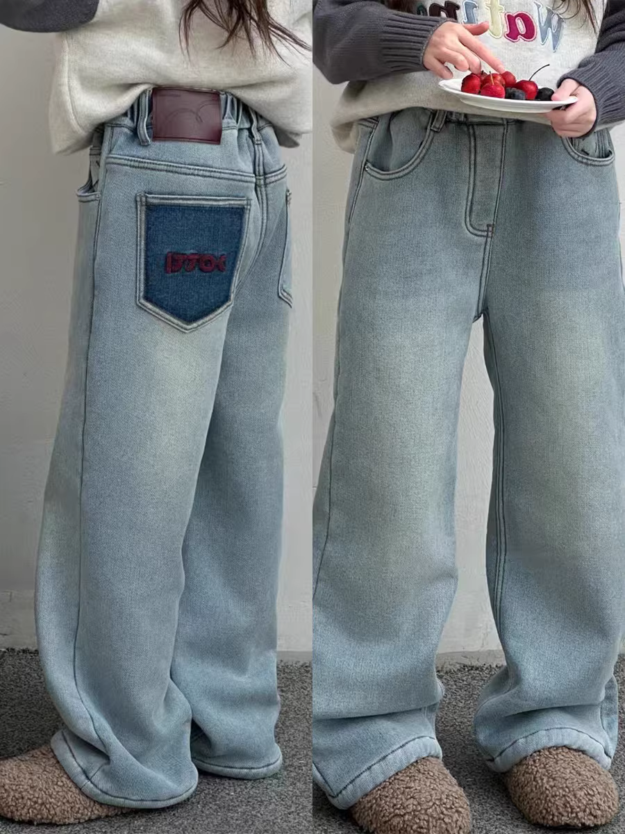 Quần jean ống thẳng lót lông cừu cho bé gái, quần dài dày dặn cho trẻ em, quần lửng rộng rãi chất liệu len alpaca lót lông cừu cho trẻ lớn.