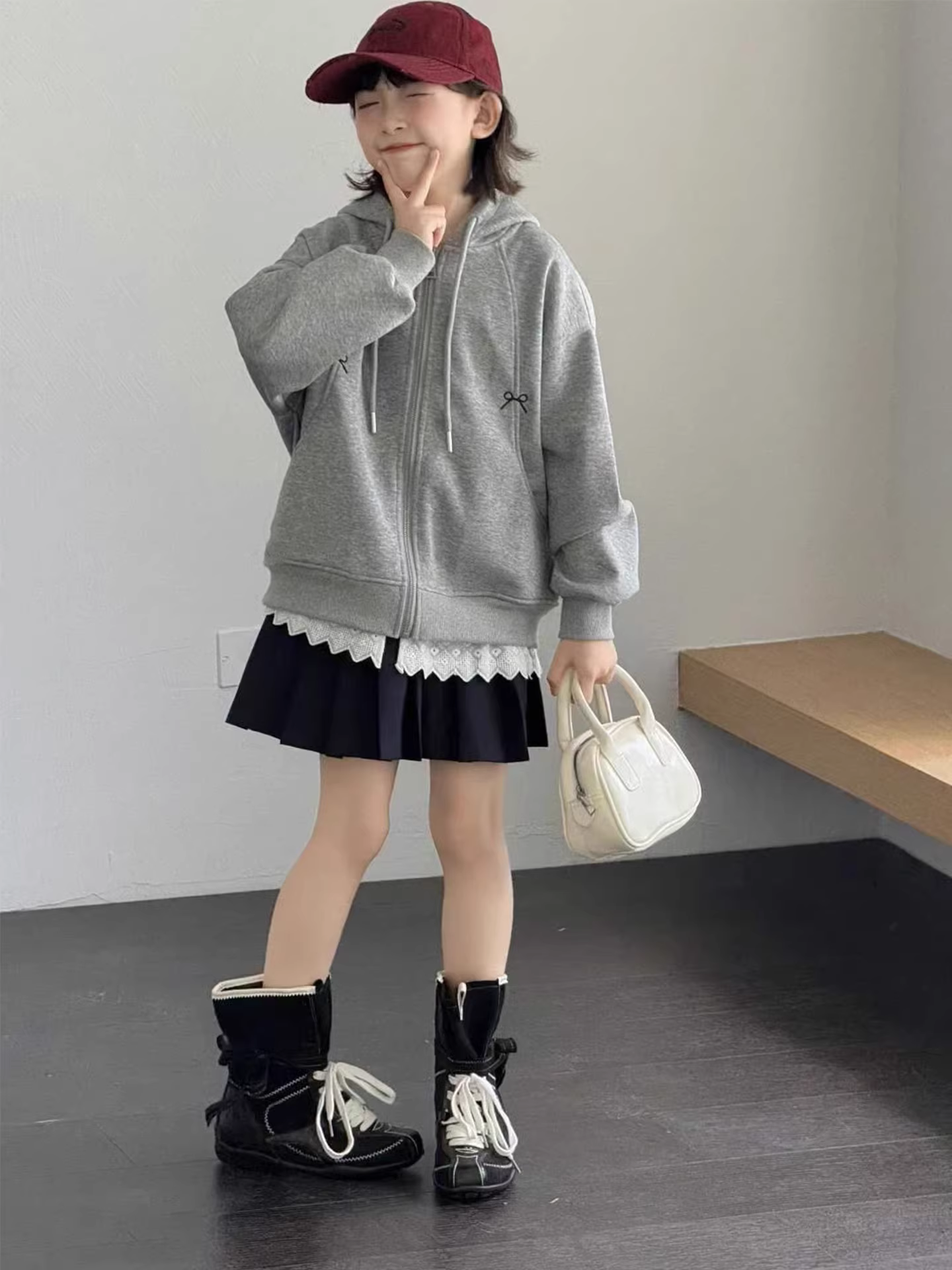 Áo khoác có mũ trùm đầu phối ren, khóa kéo, kiểu Hàn Quốc, dáng rộng, dành cho bé gái, hàng mới thu đông 2025