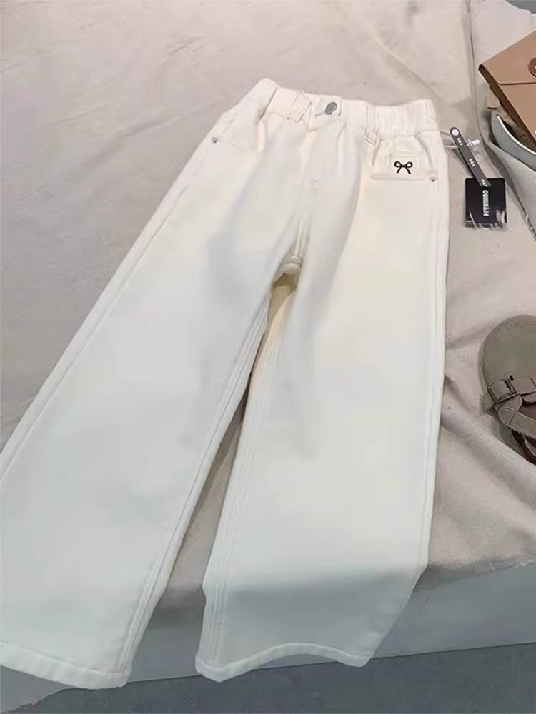 Quần jean lót lông cừu cho bé gái, quần ống đứng dày dặn mới cho mùa thu đông dành cho trẻ lớn, quần ống rộng hẹp cho trẻ em.