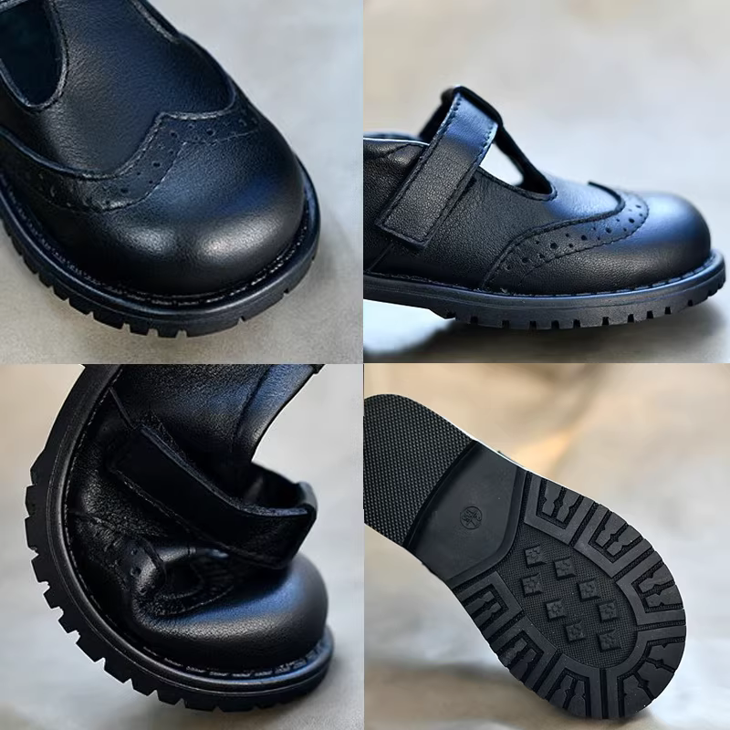 Giày trẻ em, giày da đen cho bé gái, kiểu dáng mới xuân thu, giày công chúa đế mềm phong cách Anh cho trẻ em, giày đế bằng Velcro