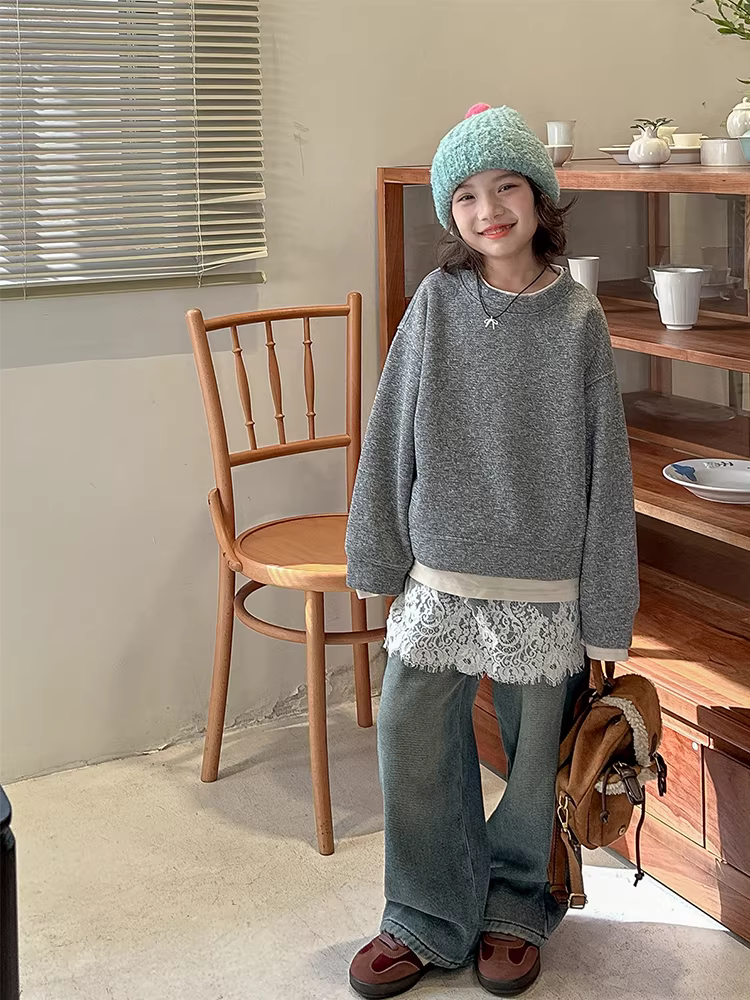 Quần áo trẻ em mùa đông cho bé gái, quần jean lót lông cừu phối ren, quần kiểu thu đông, quần ống thẳng cho trẻ lớn, quần dài đa năng.