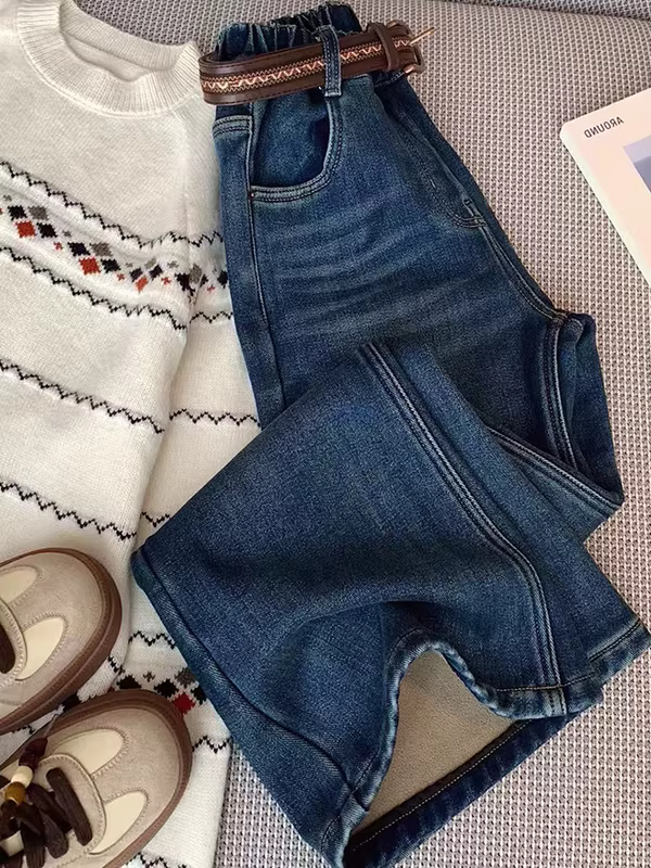 Quần denim ống loe lót lông cừu cho bé gái, kiểu dáng mùa đông, quần ôm dáng co giãn cho trẻ lớn, quần bootcut lót lông cừu.