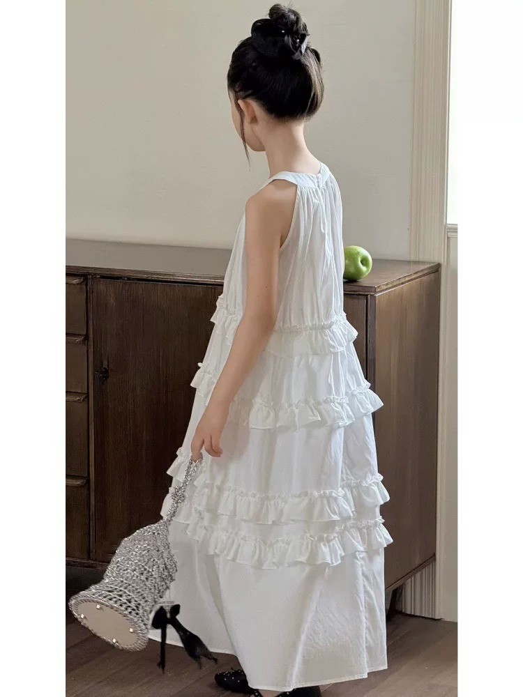 Váy kiểu dáng ngày lễ dành cho bé gái váy dài cổ yếm váy mùa hè váy bánh ngọt quần áo trẻ em màu trắng cotton nguyên chất váy tank top lười biếng