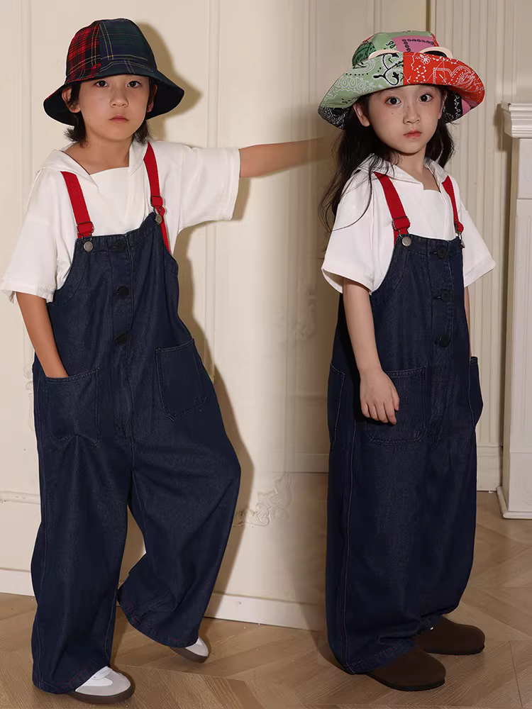 Quần yếm cho bé gái và bé trai, quần ống thẳng, quần dài, quần jean phối màu xuân hè, quần áo trẻ em rộng rãi cho học sinh và trẻ nhỏ.