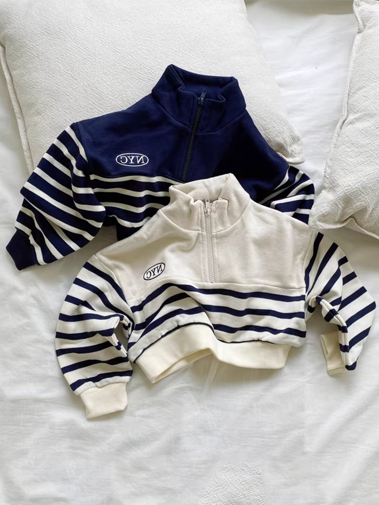 Áo thun nữ bé gái xuân thu 2025, kiểu thể thao sọc, áo kiểu casual, dành cho trẻ lớn, cổ polo nửa khóa kéo, áo lót