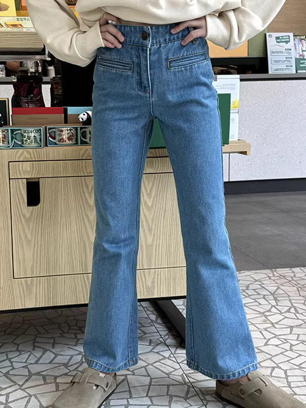 Quần nữ bé gái xuân hè 2025 kiểu dáng mới, quần loe cho trẻ lớn, chất liệu co giãn, tôn dáng, quần denim mỏng, quần trẻ em mặc thường ngày