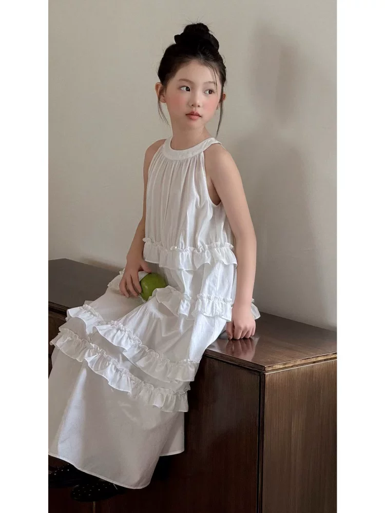 Váy kiểu dáng ngày lễ dành cho bé gái váy dài cổ yếm váy mùa hè váy bánh ngọt quần áo trẻ em màu trắng cotton nguyên chất váy tank top lười biếng