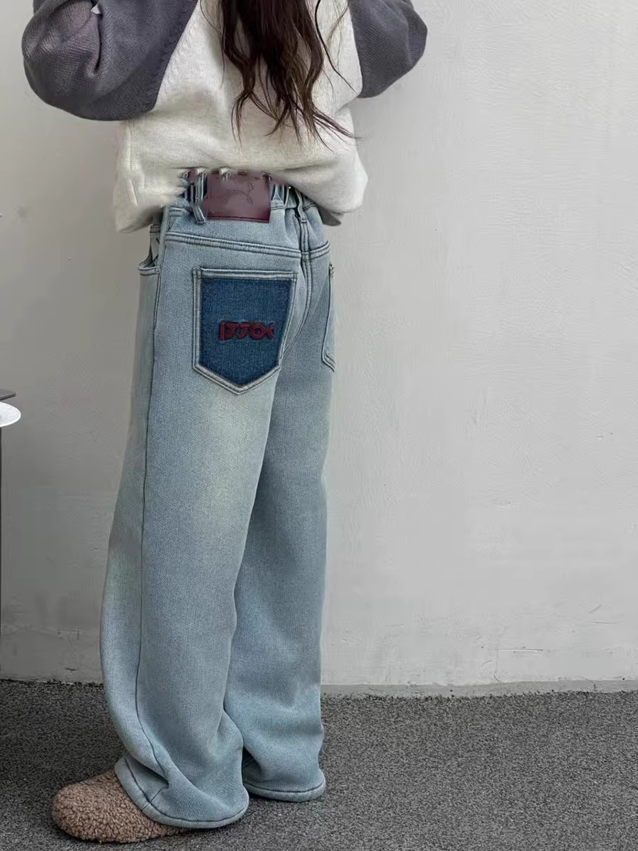 Quần jean ống thẳng lót lông cừu cho bé gái, quần dài dày dặn cho trẻ em, quần lửng rộng rãi chất liệu len alpaca lót lông cừu cho trẻ lớn.