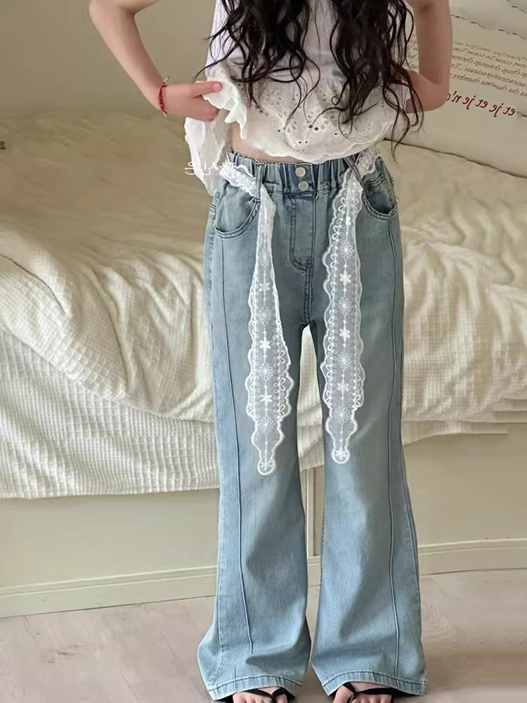 Quần ống loe phối dây ren cho bé gái xuân hè 2025, quần hè mới cho trẻ lớn, quần jean ôm dáng, chất liệu mỏng
