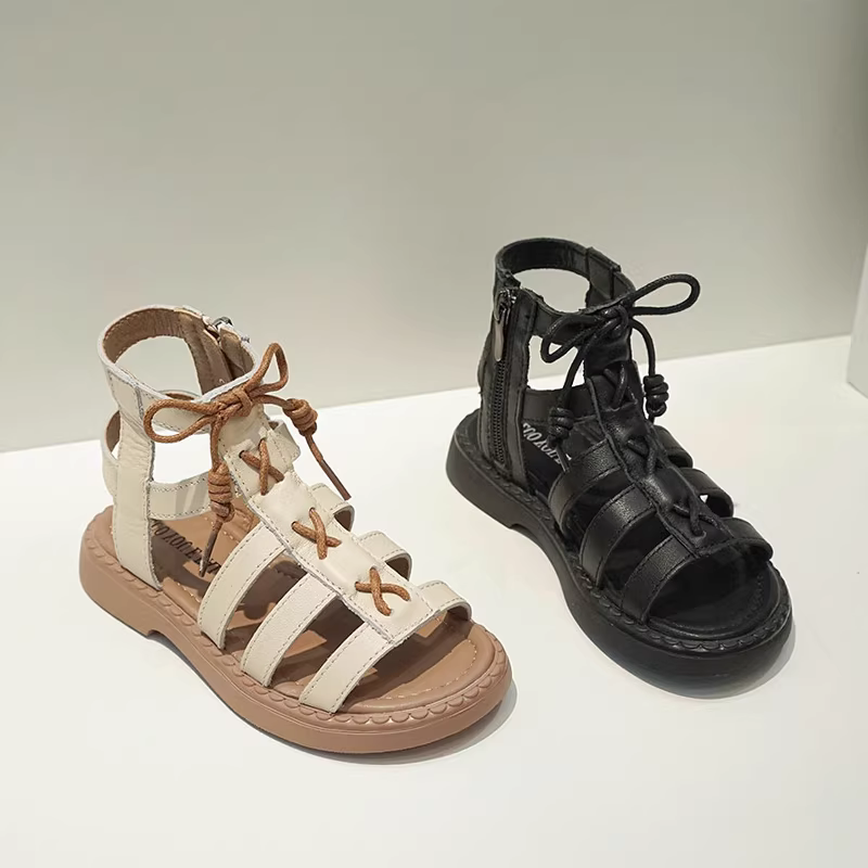 Dép công chúa da thật cho bé gái mùa hè 2025 kiểu mới thời trang, giày đi biển đế mềm cho bé gái, giày La Mã trẻ em