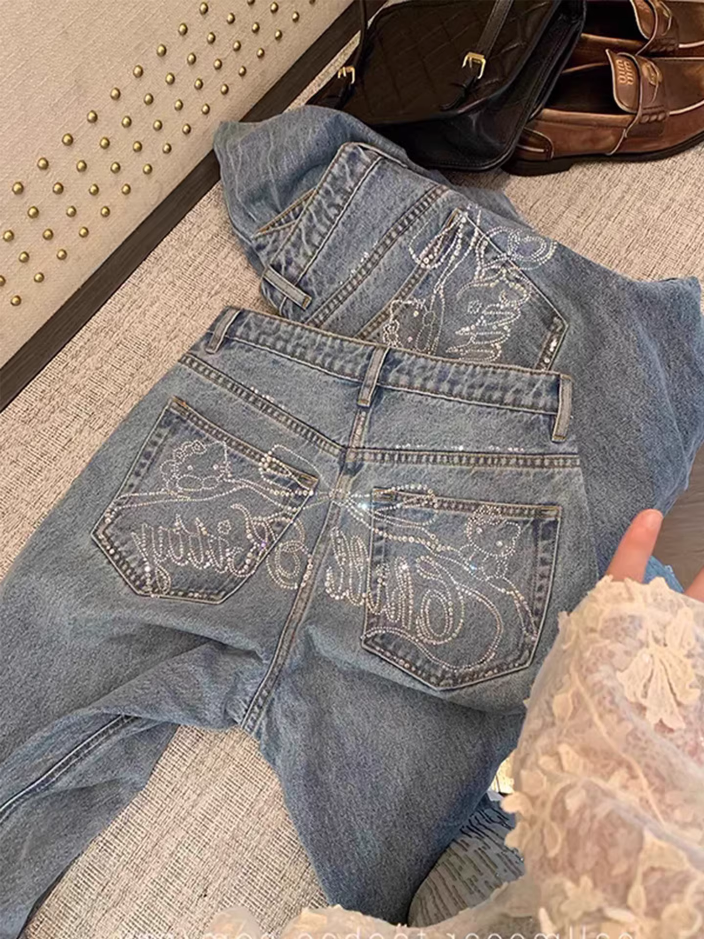 Quần Jeans Diamond Cat dành cho bé gái 25 Thu Đông Phong cách mới dành cho trẻ em Quần thẳng nhỏ nhắn ngọt ngào Quần ống rộng