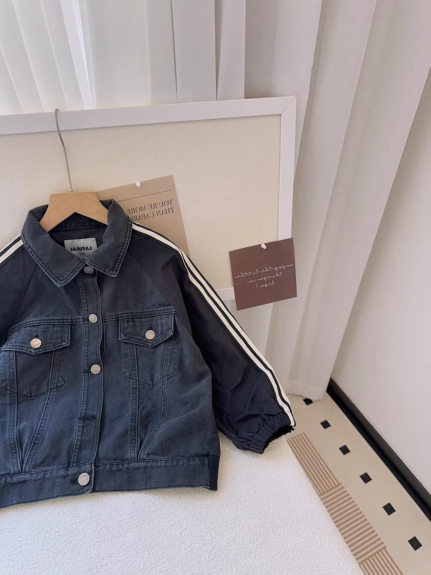 Áo khoác denim dành cho nữ Quần áo trẻ em phong cách mùa thu Áo khoác denim dành cho nam phong cách thể thao nối dây thời trang phong cách thể thao giản dị rộng rãi đa năng