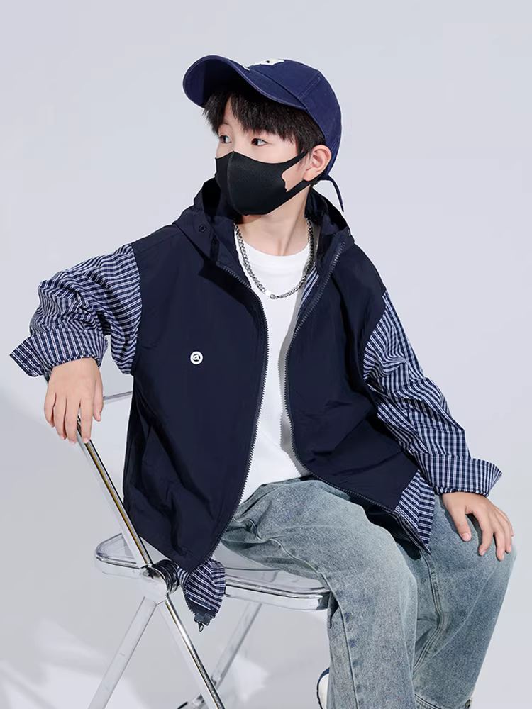 Áo khoác giả hai mảnh chắp vá dành cho bé trai 25 áo khoác có mũ trùm đầu dành cho trẻ em mùa xuân và mùa thu dành cho trẻ lớn hơn có áo kẻ sọc có khóa kéo