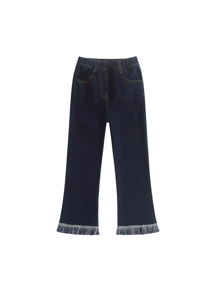 Quần jeans nữ xuân thu 2025 kiểu dáng mới, quần loe viền tua rua và dây đeo, quần dài denim đa năng cho trẻ lớn hơn, viền tua rua