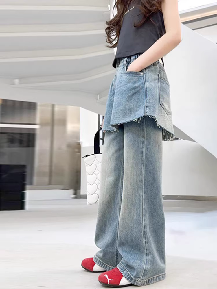 Quần jean ống đứng cho bé gái mùa xuân/hè 2025, quần dài rộng rãi, thoải mái, dành cho trẻ lớn, quần ống rộng thời trang trẻ em