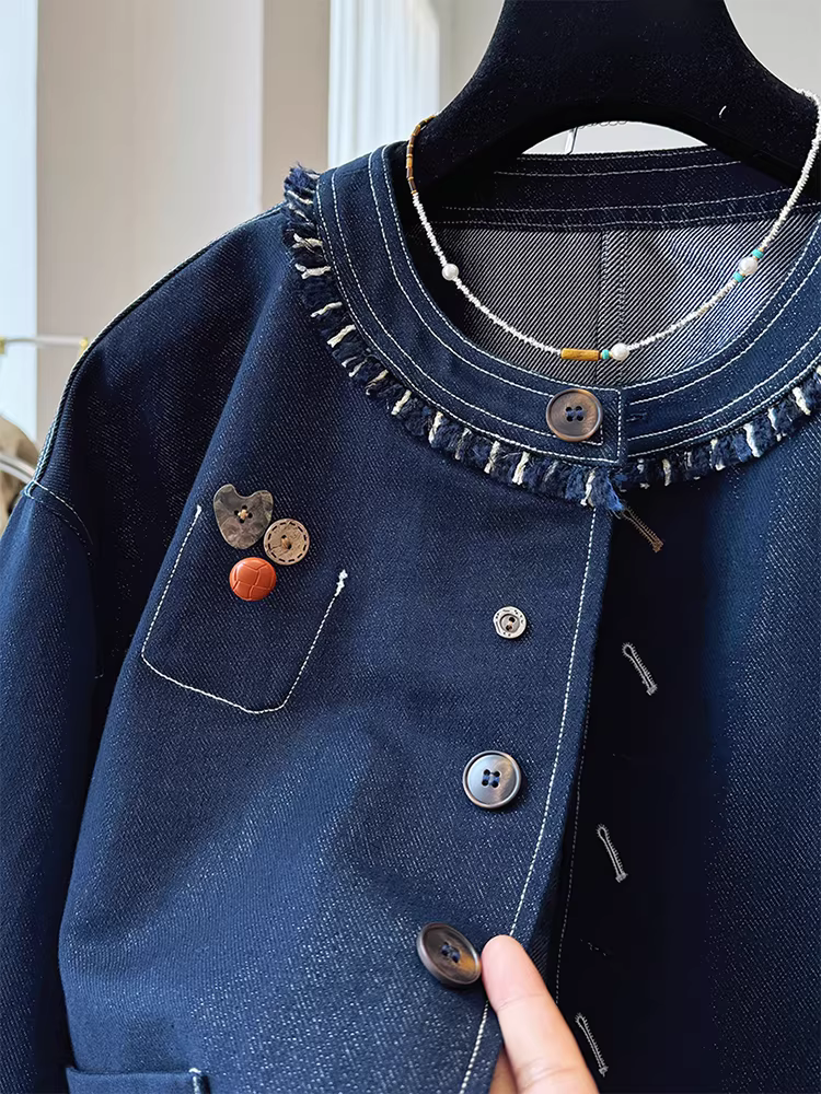 Áo khoác denim cao cấp phong cách Chanel mùa Xuân Thu 2025 dành cho bé gái lớn, kiểu dáng thời trang retro rộng rãi, viền xù