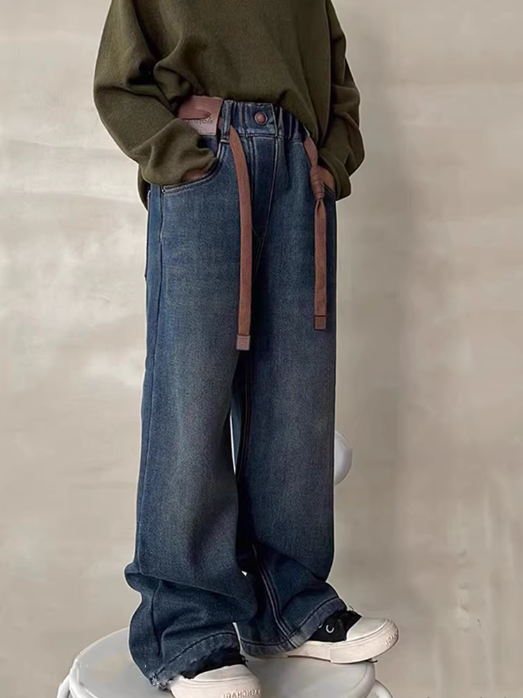 Quần áo trẻ em Hàn Quốc quần jean lót lông cừu cho bé gái mùa đông 2025 quần ống đứng giữ ấm cho trẻ em quần dài đa năng thường ngày cho bé trai