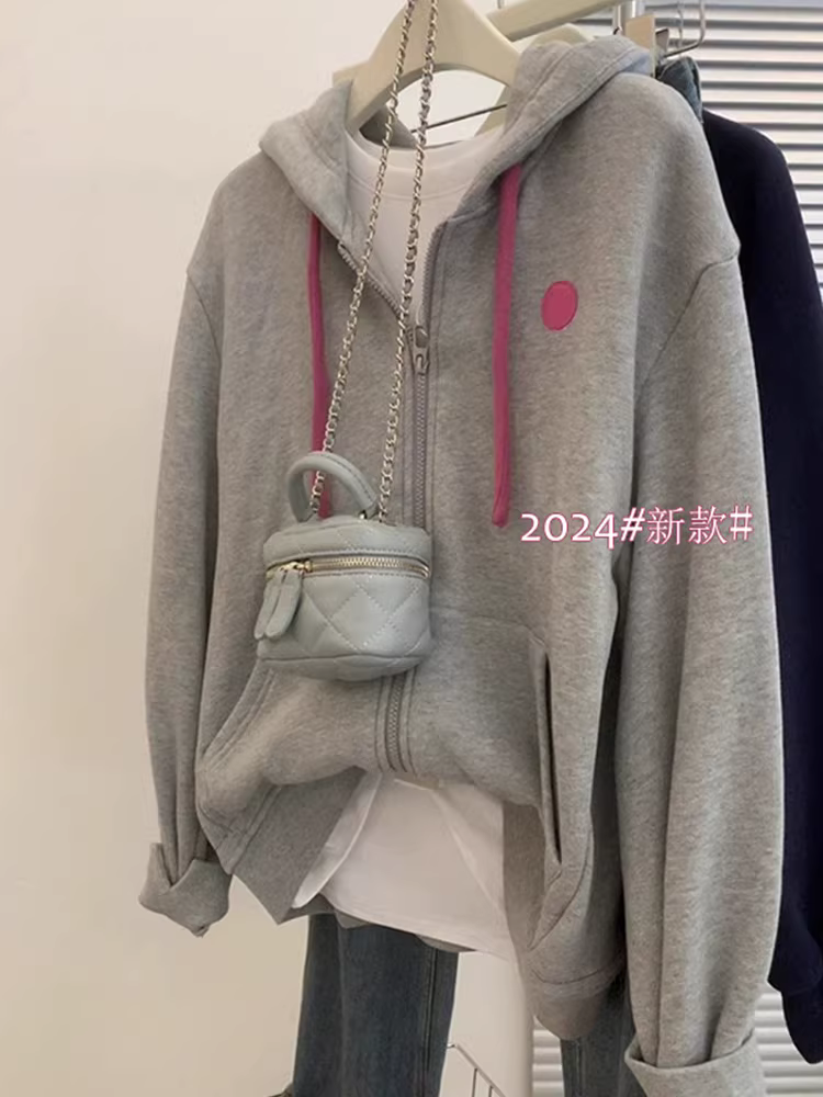 Áo khoác nỉ có mũ màu xám mùa xuân thu cho nữ 2025 kiểu dáng mới, dáng rộng, phong cách lười biếng, kiểu cardigan có khóa kéo