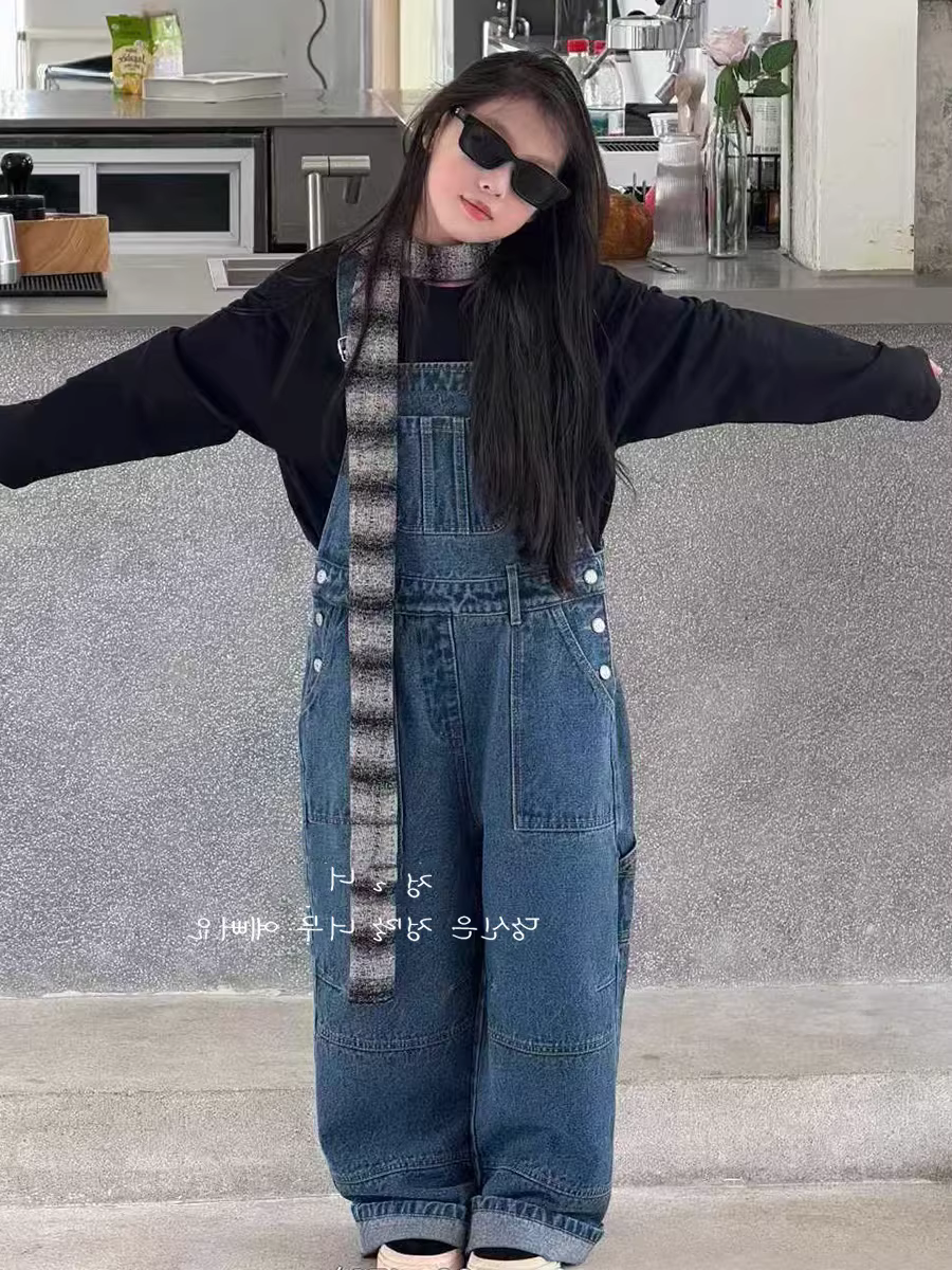 Quần yếm denim dành cho nữ quần yếm ống rộng dáng rộng quần dài dành cho trẻ em lớn hơn quần dài thường ngày mặc mùa thu