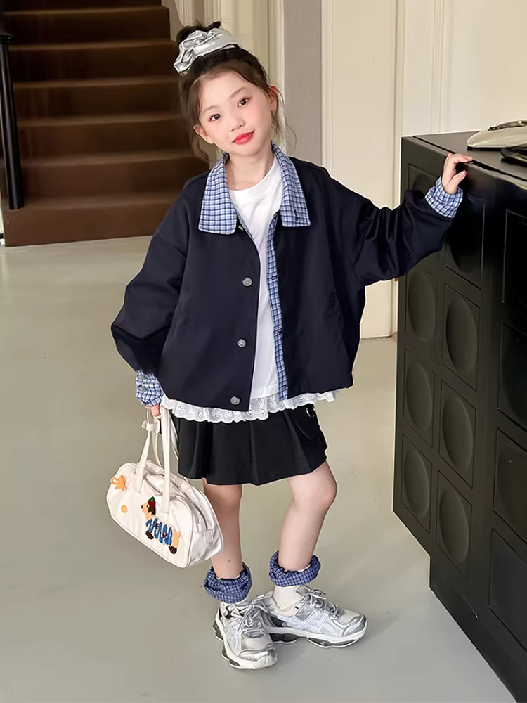 Áo khoác chắp vá kẻ sọc cho bé trai và bé gái, kiểu mới thu đông 2025, áo khoác phong cách Hàn Quốc cho trẻ em, áo ngắn cho trẻ nhỏ.