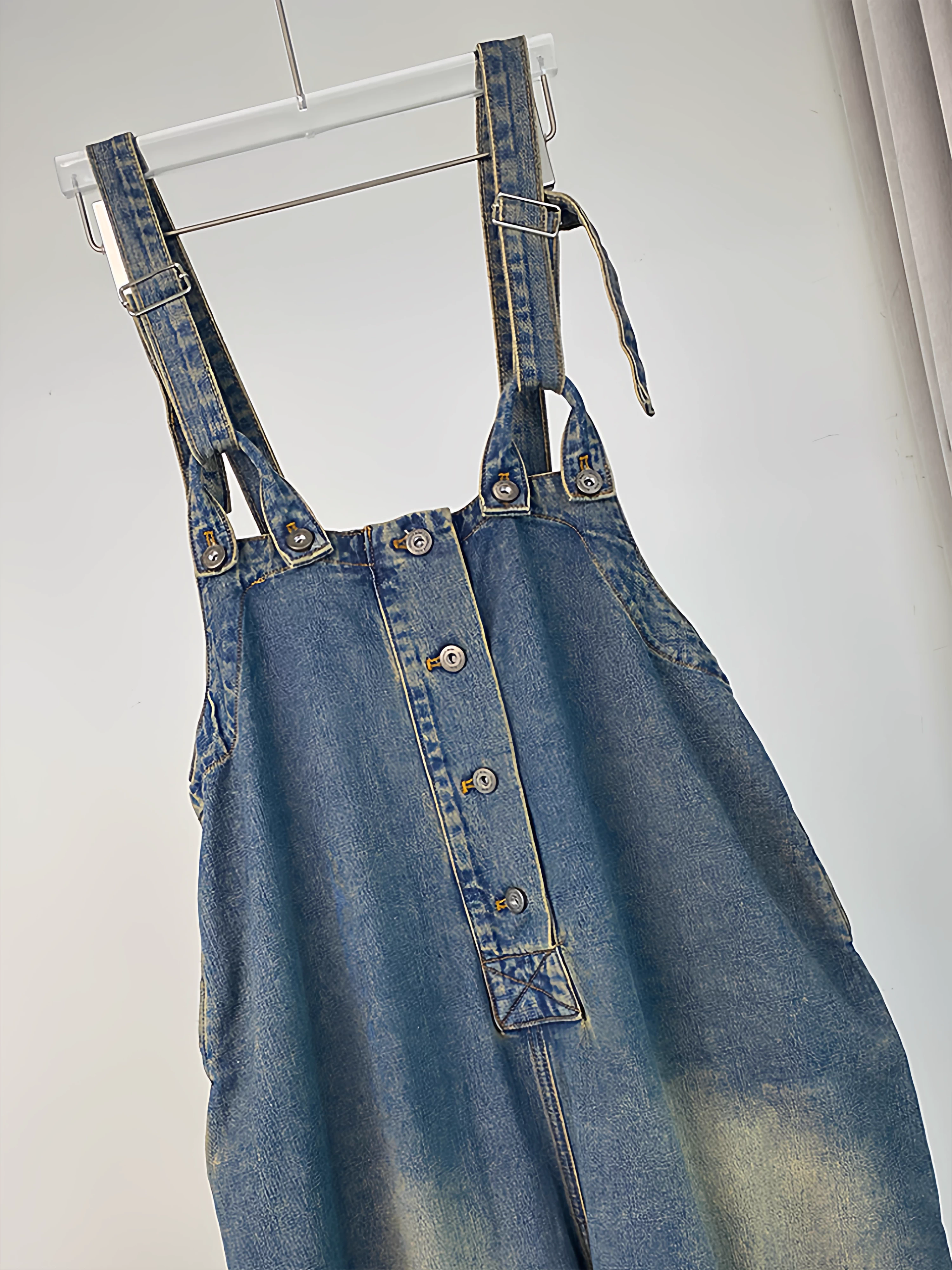 Quần yếm denim bé gái xuân thu 2025 kiểu dáng mới thời trang, bộ liền thân rộng ống rộng cho trẻ lớn