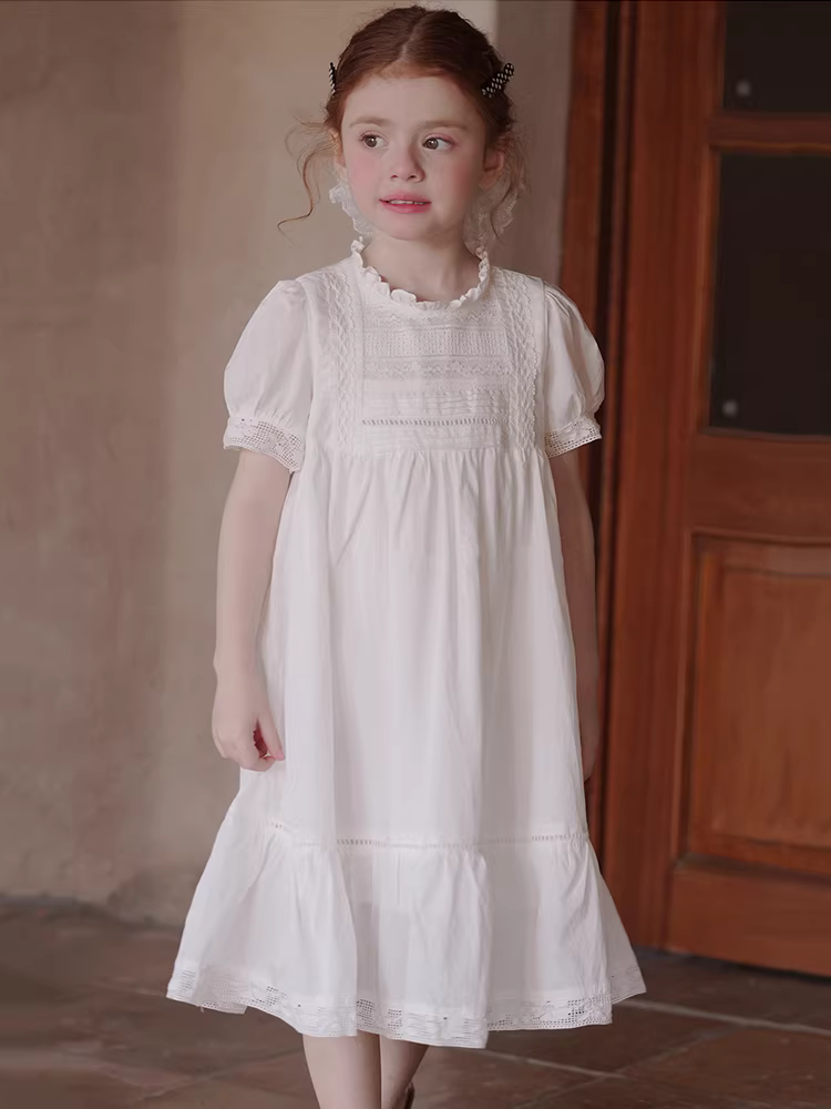 Váy ren trắng kiểu Pháp cho bé gái mùa hè 2025, váy trẻ lớn, trang phục mẹ và bé, váy công chúa ngắn tay