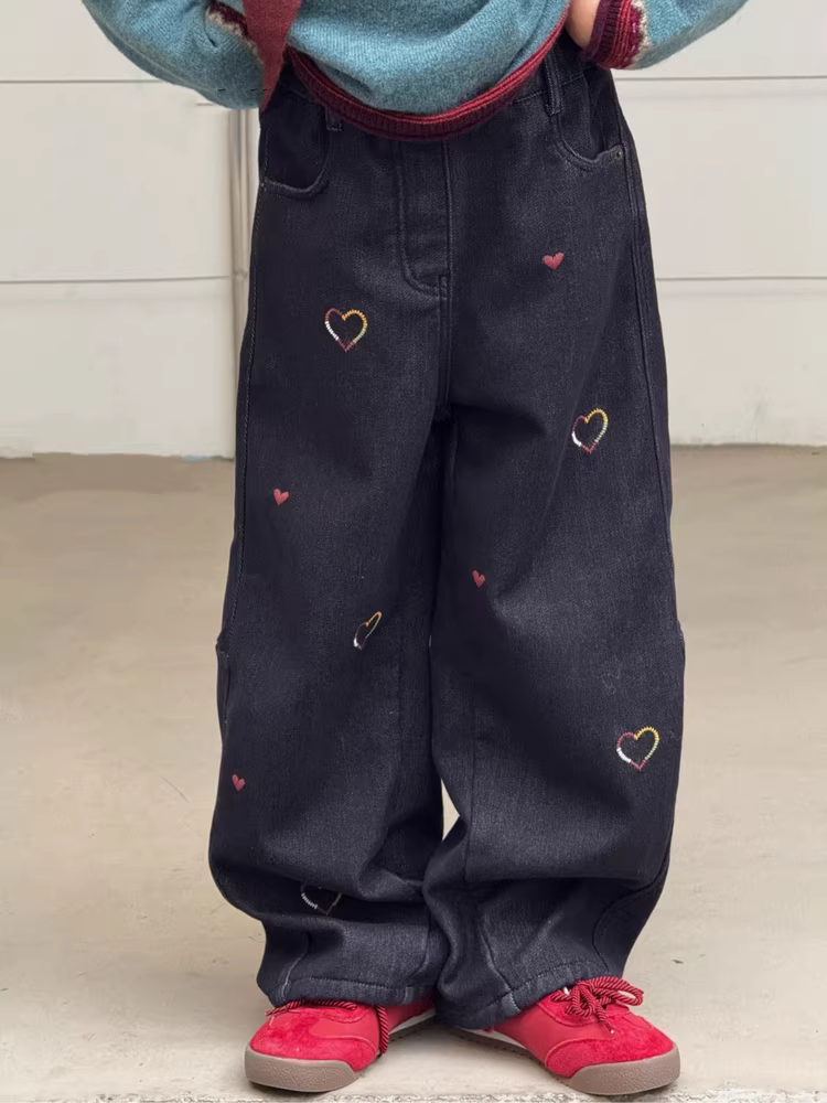 Quần jeans thêu lót lông cừu thời trang trẻ em dành cho bé gái, quần ống rộng kiểu dáng thời trang, quần ống rộng dáng suông